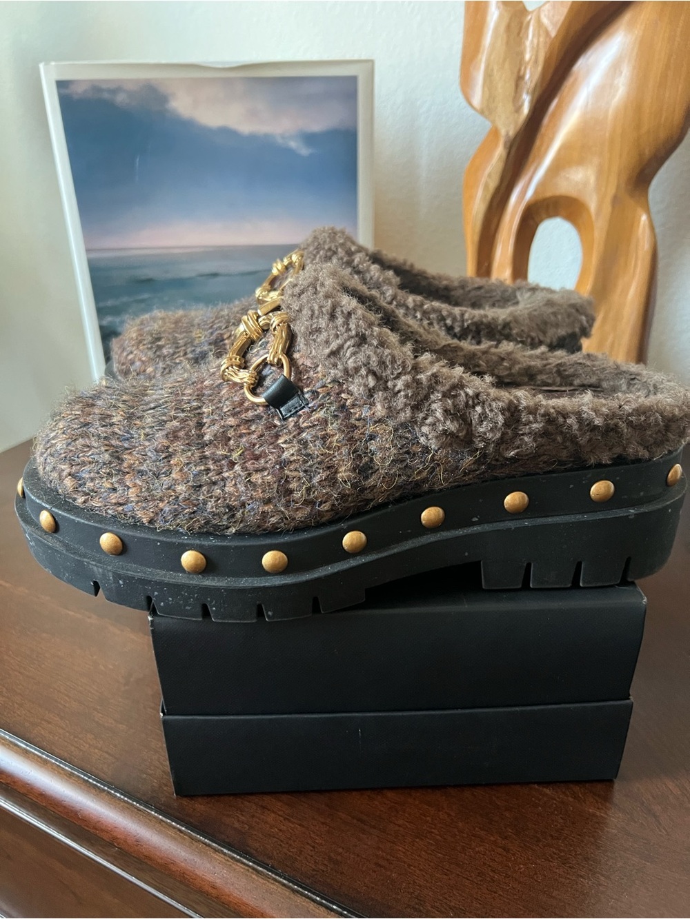 Circus by Sam Edelman Brown Faux-Shearling Chain-Trim Clog Mules